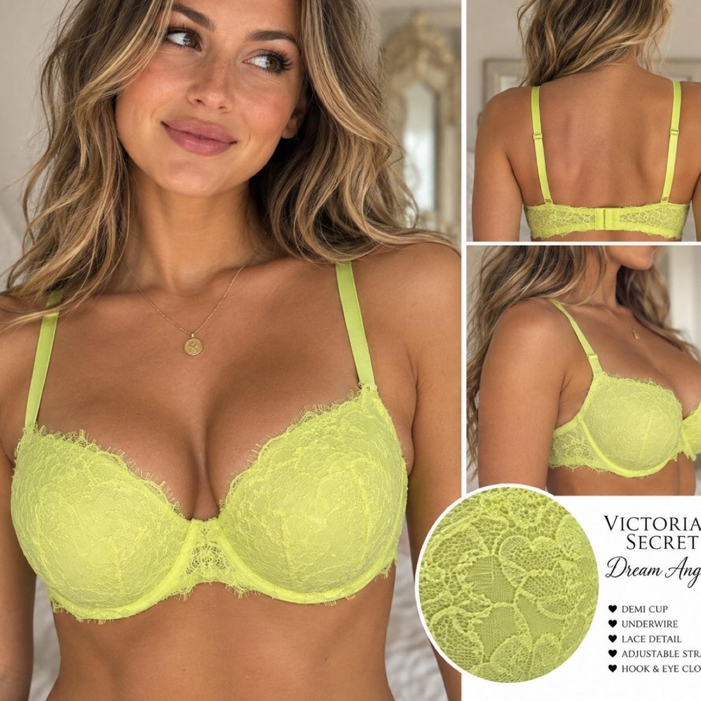 💚 Victoria's Secret Dream Angels Lime Green Lace Demi Bra 32DD